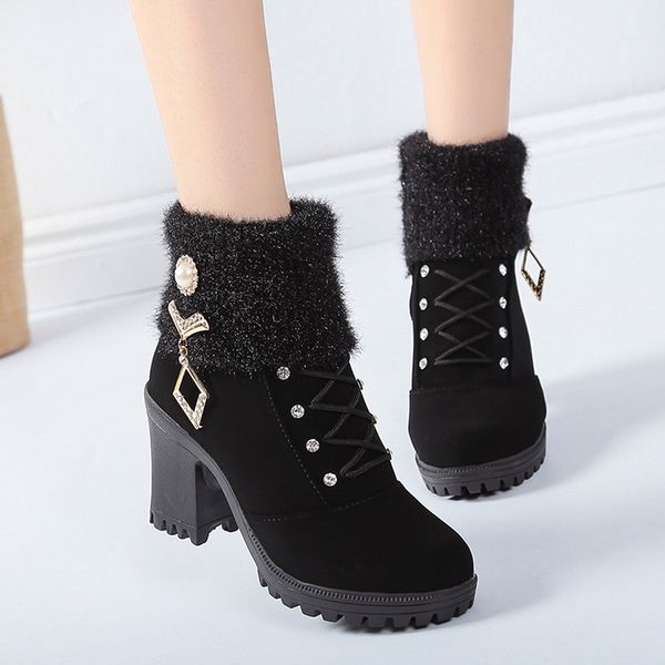 

high heel platform boots women 2019 winter lace up ankle boots for women shoes roman crystal short female bota feminina, Black