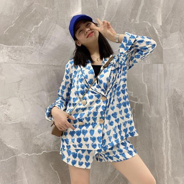 

whitney wang 2019 summer fashion streetwear pajama style printed double breasted blouses and shorts suits women 2 pieces sets, White