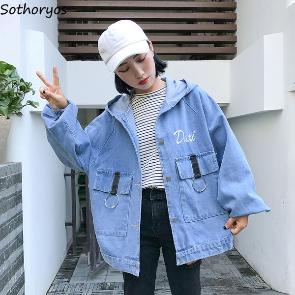 

jackets women hooded letter printed loose leisure pockets all-match korean style coats womens harajuku ulzzang students jacket, Black;brown