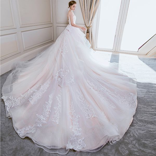 

wedding dress new brides luxury long tail wedding princess dream show thin sen tie large size girl, White