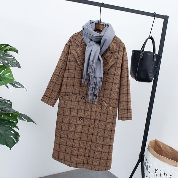 

tyhru зимнее женское двубортное карманное пальто с длинным рукавом в шотландскую клетку, Black