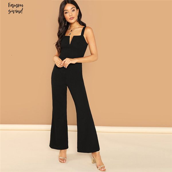 

casual jumpsuit backless solid v notch black front flare leg mid waist summer fashion women jumpsuits, Black;white