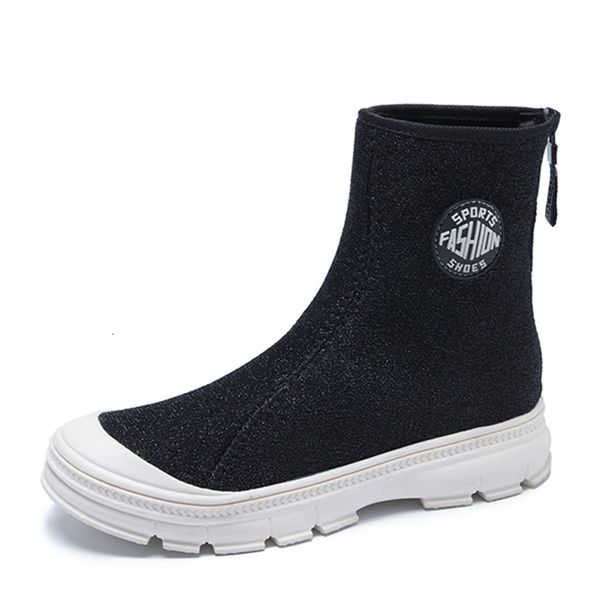 

woman boots bling autumn winter new female fashion sequined cloth non-slip sequins shoes zip flat with mid-calf zapatos de mujer, Black