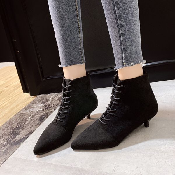 

boots women new 2019 rock shoes woman winter footwear low heels booties booties ladies lace up luxury designer med 2020 autumn, Black