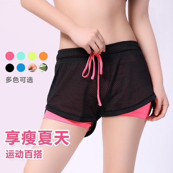 

sports and fitness shorts women's yoga shorts summer drawstring running quick-dry casual anti-exposure fake two-piece, Black;blue
