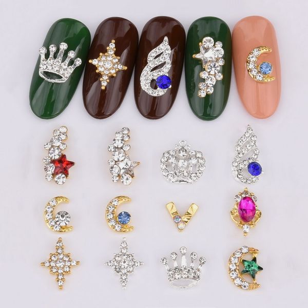 

10pcs 3d nail jewelry decoration art glitter rhinestone for gemstone manicure moon crown design nail accessories tools lh142-153, Silver;gold