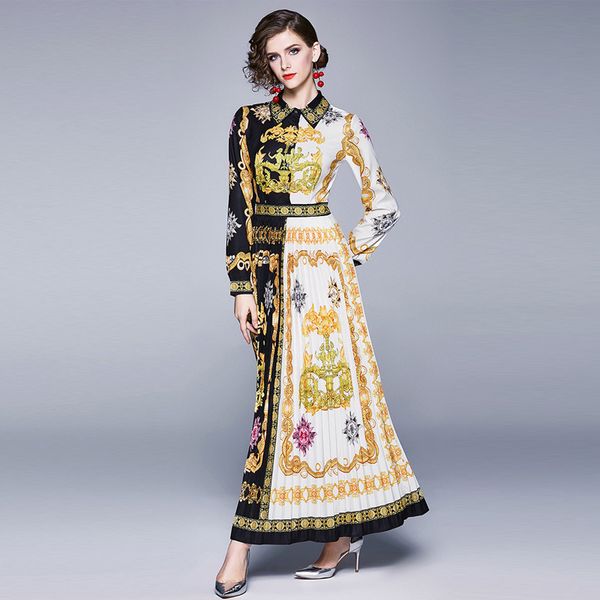 

luxury runway classic button shirt dress women long sleeve lapel neck party prom ladies designer dress elegant office baroque print dresses, Black;gray