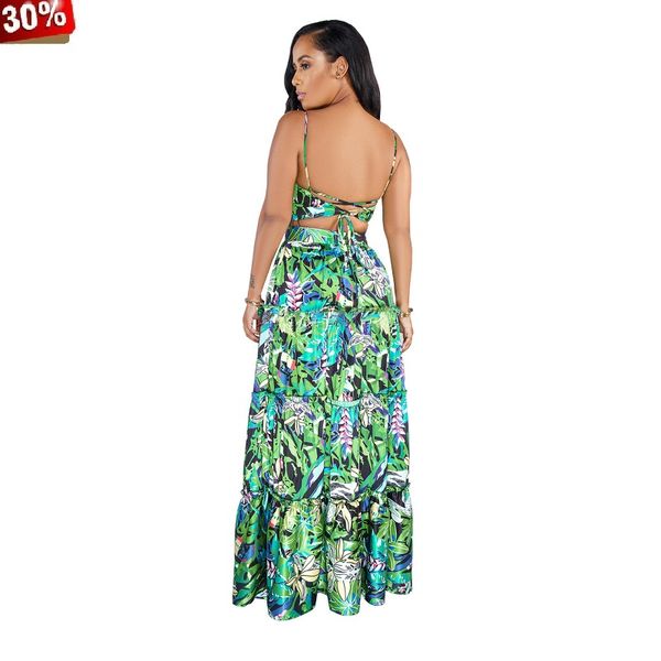

back maxi skirt set floral printed summer women two piece set skirt sleeveless spaghetti strap crop and loose skirts, White