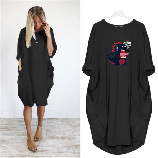 

fashion women's long sleeve dress 2020 new arrival casual crew neck plus size dresses casual animal print dress with 6 colors size s-5x, Black;gray