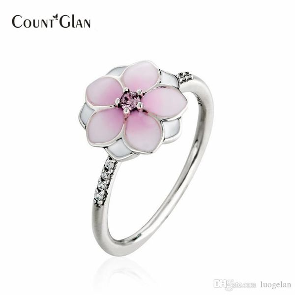 

2017 spring new pale cerise enamel & cz magnolia bloom ring 100% 925 sterling silver flower rings for women fine jewelry, Slivery;golden