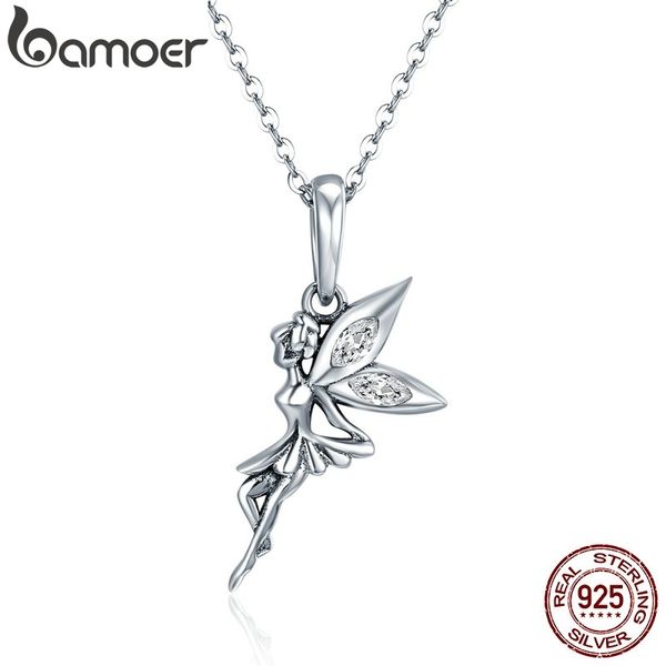 

bamoer authentic 100% 925 sterling silver flower fairy long necklace women pendant necklace sterling silver jewelry scc359