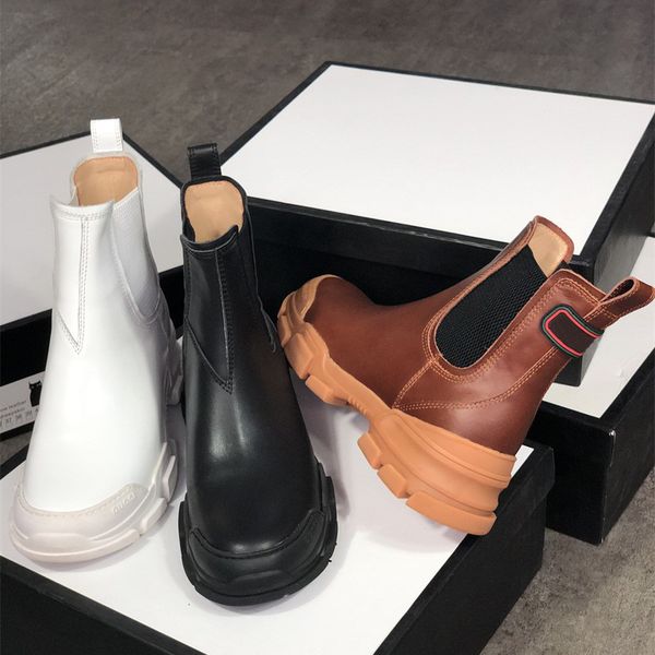 

2020 men women's leather ankle boot black white leather shoes fashion chunky rubber 100% real leather lug sole winter booties with box
