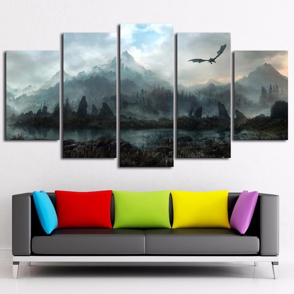 

canvas wall art pictures home decor 5 pieces forest mountain game dragon skyrim paintings for living room modular prints poster
