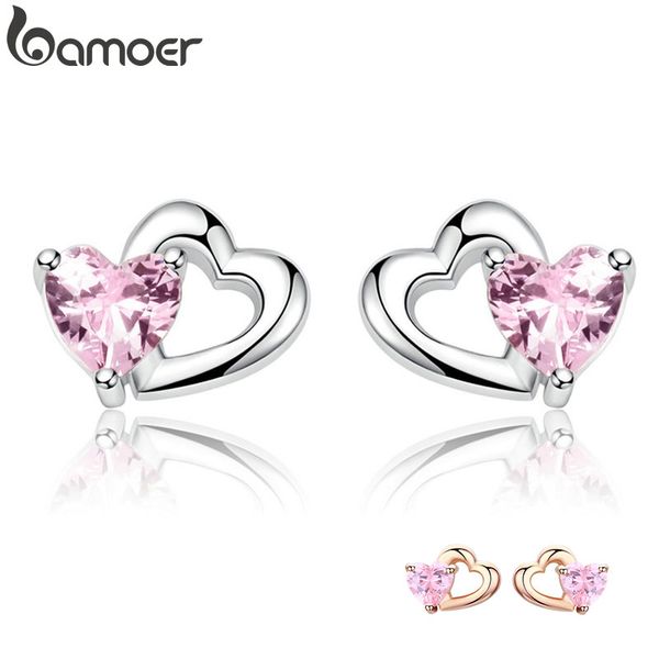 

bamoer 925 sterling silver double heart to heart pink cz stud earrings for women brincos fine jewelry bijoux sce090, Golden;silver