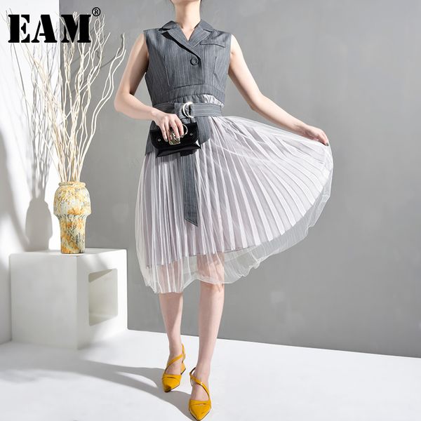 

eam] 2020 new spring autumn lapel sleeveless gray striped hem pleated mesh loose temperament dress women fashion ld6270, Black;gray