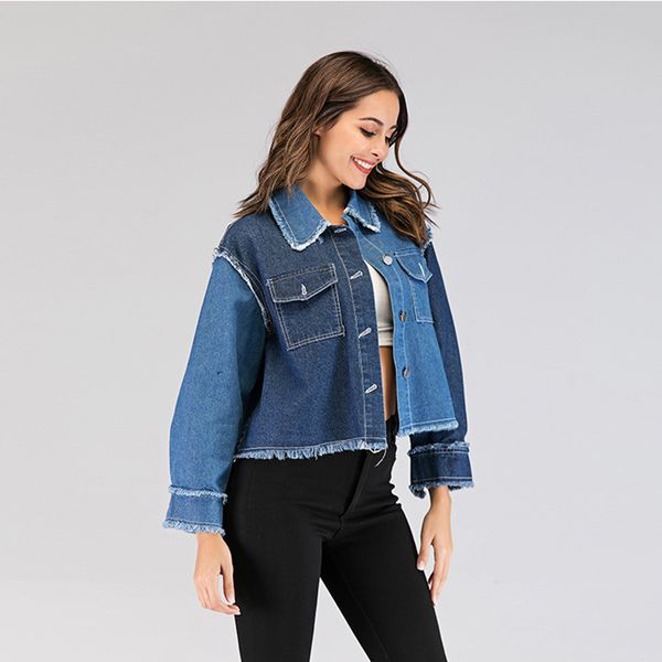 

2019 women turn-down collar color patchwork long sleeve washed retro casual loose tassel streetwear pockets denim jacket sj3938e, Black;brown