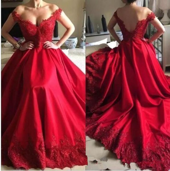 

new red evening dresses long a line satin lace appliques off the shoulder floor length elegant formal prom party pageant red carpet gowns, Black;red