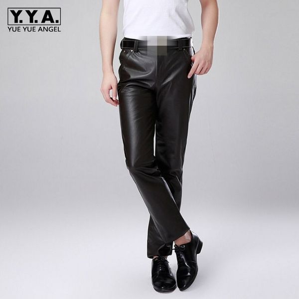 

men luxury cowskin motorcycle leather pants large size straight genuine leather trousers new warm slim fit business casual pants, Black