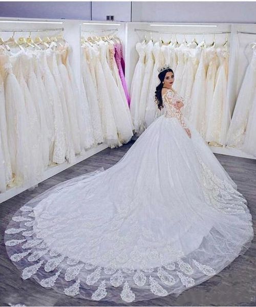 

arabic dubai lace wedding dresses long sleeve 2020 gorgeous long sleeve french lace vestido de tulle wedding bridal gowns for women, White