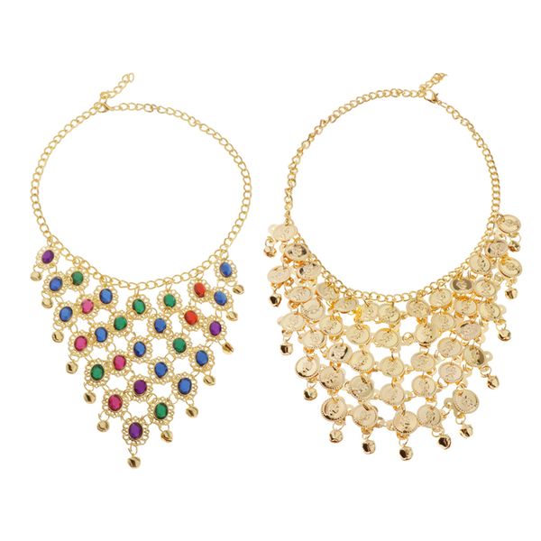 

2x women belly dance gold triangle necklace rhinestone gypsy dancing jewelry, Blue