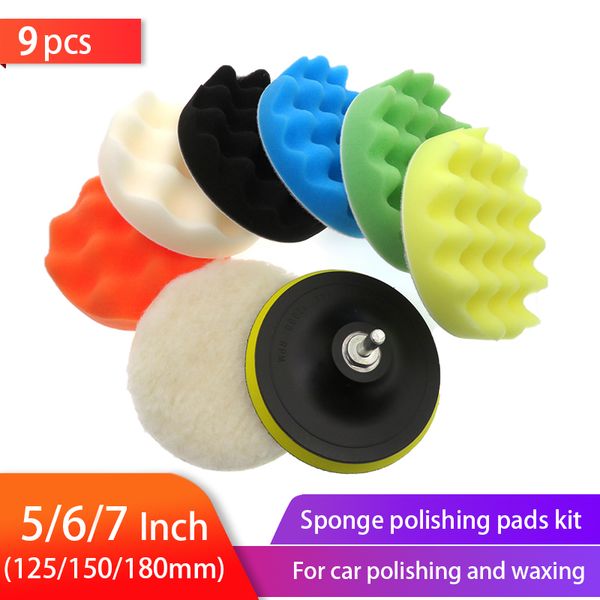 

9pcs buffer sponge pad set 5/6/7 inch car polishing pad kit auto buffing waxing with m14 drill adaptor for car cleaning tools