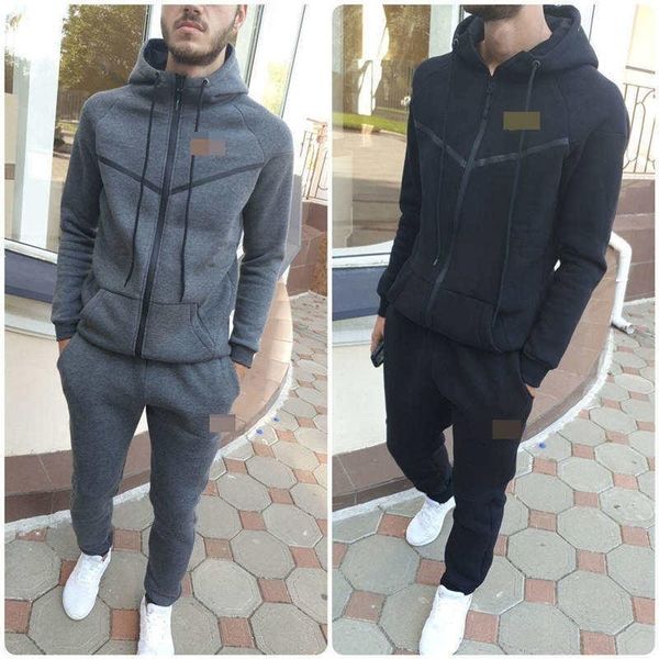 

mens sportwear autumn winter new fashion casual brand tracksuit two pieces jacket and pants hooded warm outwear male coach clothes, Gray