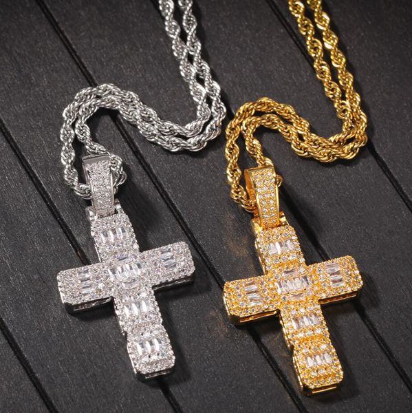 

hip hop micro inlay zircon jesus cross pendant necklaces square crystal rhinestone charm twisted chain for rap women men jewelry accessory, Silver