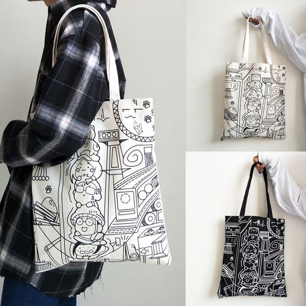 

fashion women canvas shoulder bag preppy style vintage printing art reusable tote handle bag shopping bags handbags t200409