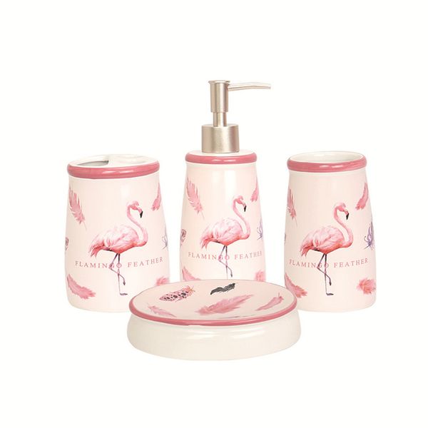 

bathroom set 4 set of bathroom accessories toothbrush holder, toothbrush cup, soap dish, hand sanitizer bottle - flamingo