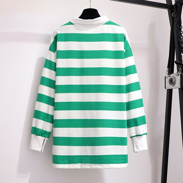 

2019 autumn winter plus size for women large long sleeve loose stripe casual long polo shirt green white 4xl 5xl 6xl 7xl