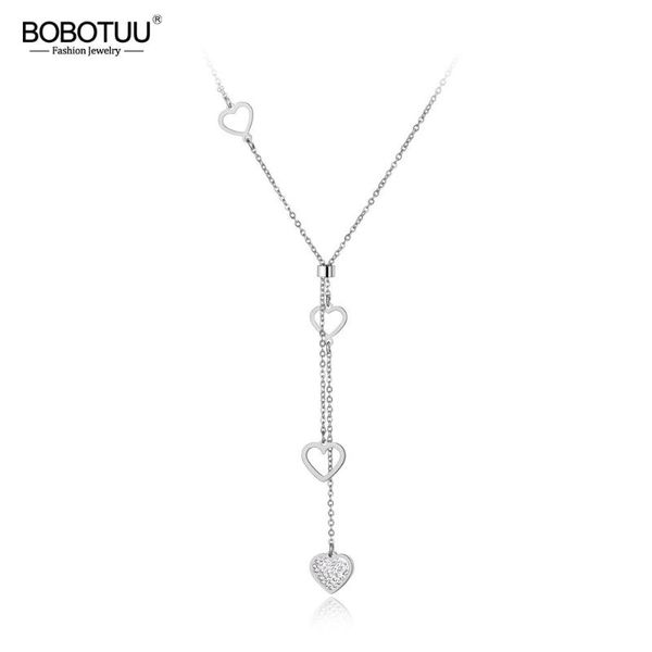 

bobotuu original design titanium steel lovely heart charm necklaces fashion cz crystal pendant chain necklace for women bn19075, Silver