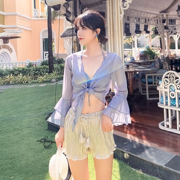 

wusuk swim four-piece set of 4 bikini set of 4 women's three-and-four-piece suit slim belly-covering split outer suit skirt long-sleeve, White;black