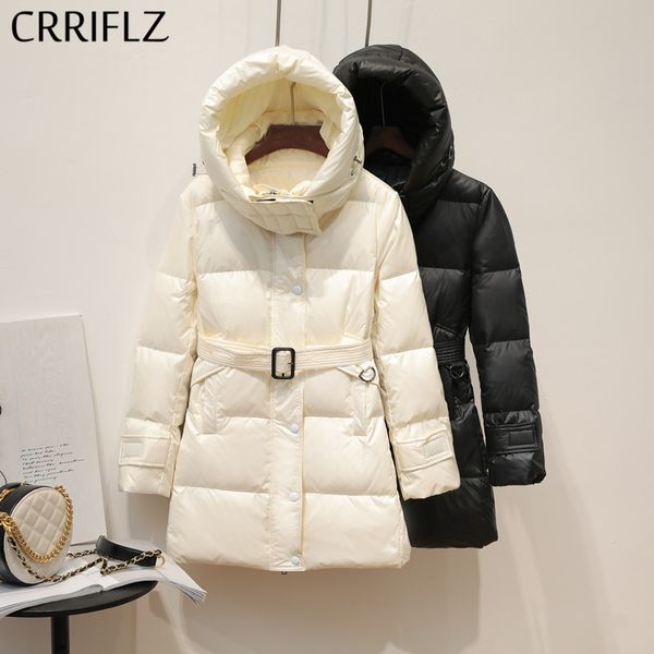 

new medium long winter jacket women 90% white duck down jacket adjustable waist hooded coats warm thicken down parka crriflz, Black