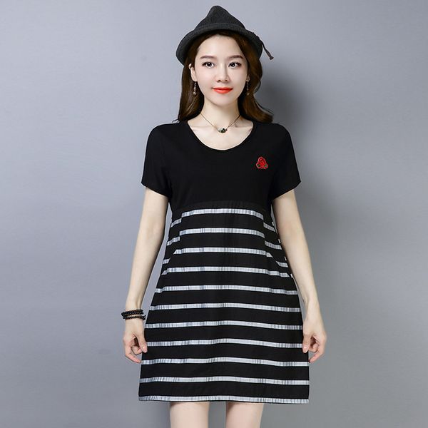 

жир мм большой размер лето 2019 новый стиль корейский стиль свободный покрой живота покрытие zi yang газ по возрасту полосы с коротким рукав, Red