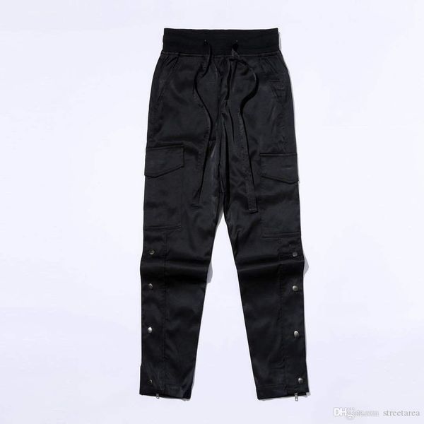 

2020 slim drawstring cargo pants side zip and snap sweatpants belted draw cord track pants ins hip hop street style, Black