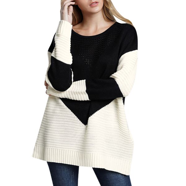 

autumn loose sweater women fashion contrast patchwork pull sweaters round neck long sleeve spliced sweater casual @35, White;black