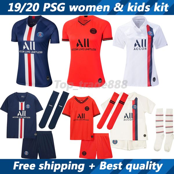 

psg 19 20 women soccer jerseys and kids kit 2019 2020 mbappe cavani icardi home away third football shirt blue red white maillot uniform, Black;yellow