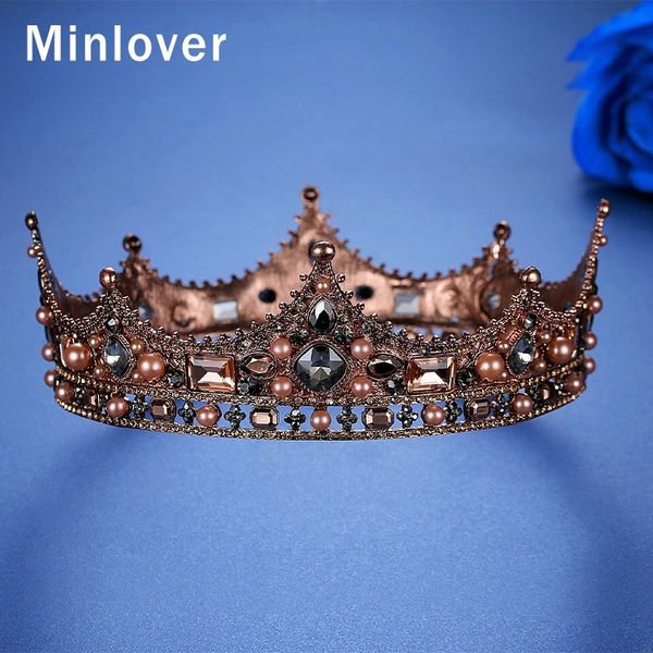 

minlover vintage crystal full round baroque bride tiara crown wedding hair accessories for women men king diadem headpiece hg184, Golden;white