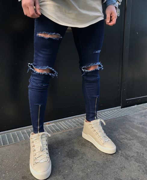 

men joggers denim jogger pants side zipper new fashion male blue knee ripped pants hip hop mens skinny jeans trousers