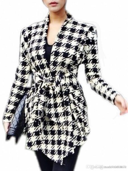 

зад женского пальто уникальной неравномерность классические хаундсет шаблон с длинным рукавом v шея пальто, Tan;black