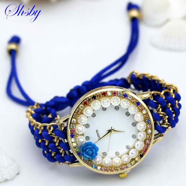 

shsby new ladies flower hand-knitted wristwatch rose women dress watch color sparkling rhinestone fabric clock sweet girl watch, Slivery;brown