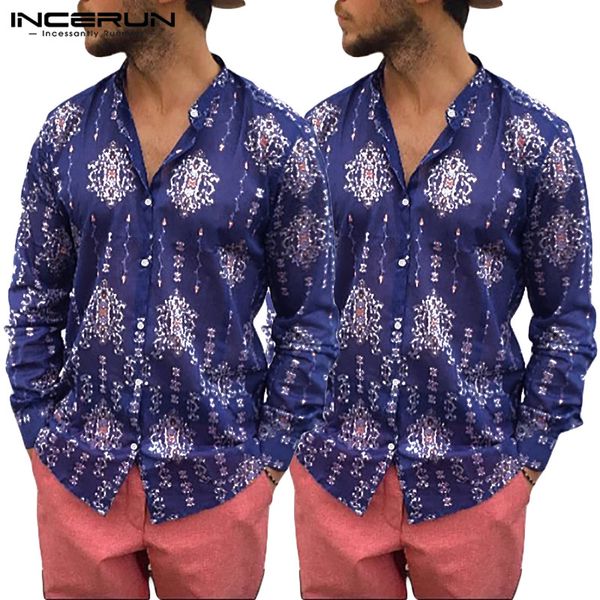 

incerun autumn fashion men ethnic printed long sleeve casual shirt holiday beach hawaiian social button mens blouse streetwear, White;black