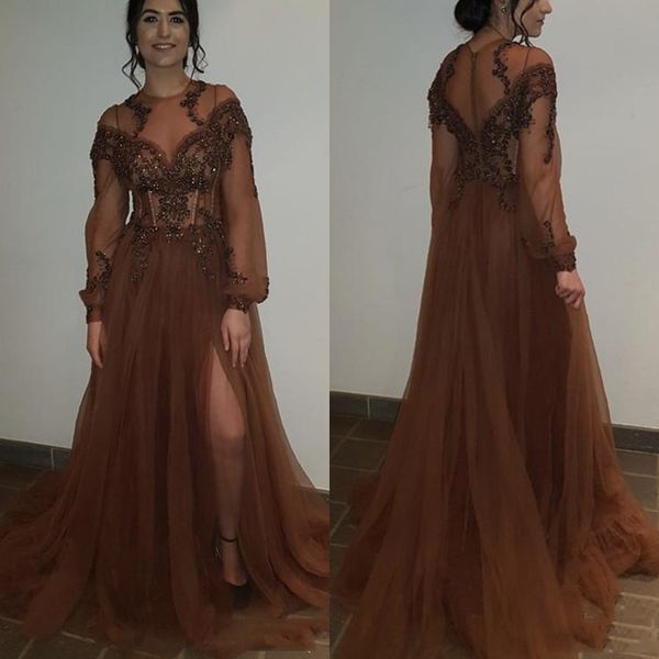 

sheer neck brown vestido de noche long sleeve evening dresses see-through lace side split prom dresses formal party dresses, Black;red