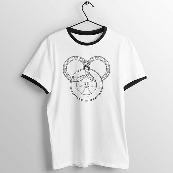 

черная отделка тенниска колесо времени змеи и колесо printed tee, White;black
