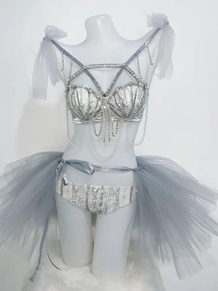 

gray tutu skirt bikini 2-piece set women's costume rhinestones bra short prom party stage wear dance show outfit, Black;red