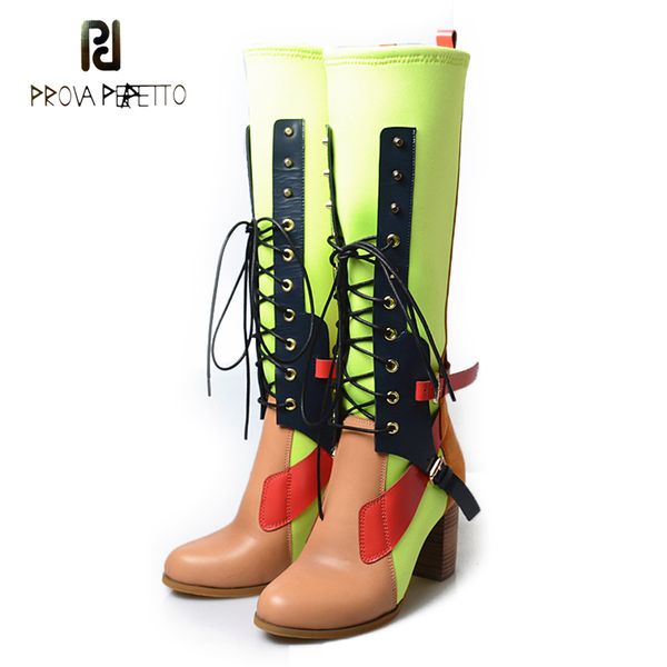 

prova perfetto mixed color real leather knee high boots women lycra patchwork gladiator shoes front cross tied chunky high heels, Black