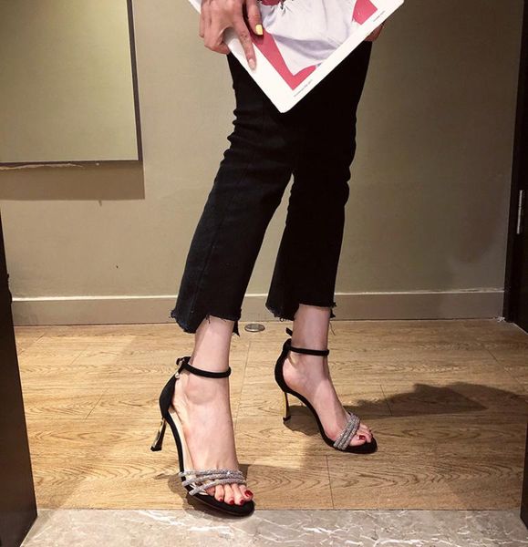 

female sandal 2020 summer round toe sandals sale of women's shoes high heels all-match ladies woman fashion rhinestone, Black