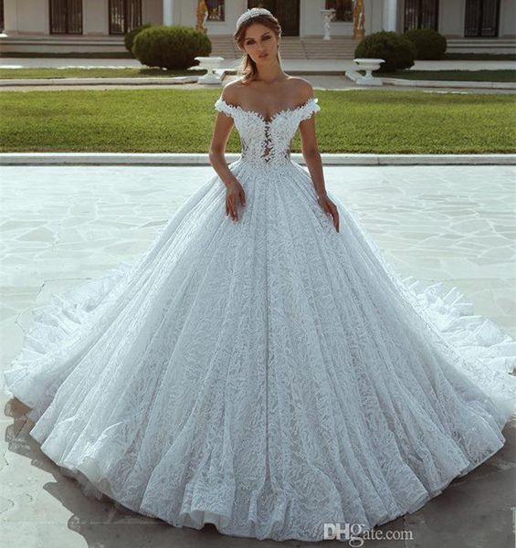 

lace a line wedding dresses arabic dubai style off shoulder low back sweep train bridal gowns, White