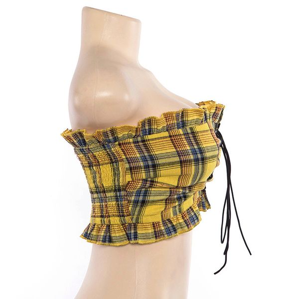 

womens fashion tank tank plaid ruffle up bohemian fitness yellow crop off shoulder backless vintage short asve20275, White