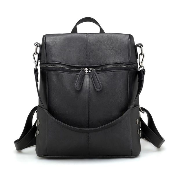 

dual purpose backpack simple style women pu leather backpacks school bag cool rivet side shoulder bag for girls female